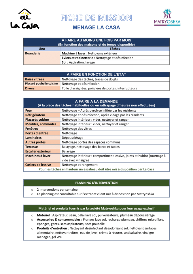 fiche de mission de la femme de menage dans les casas